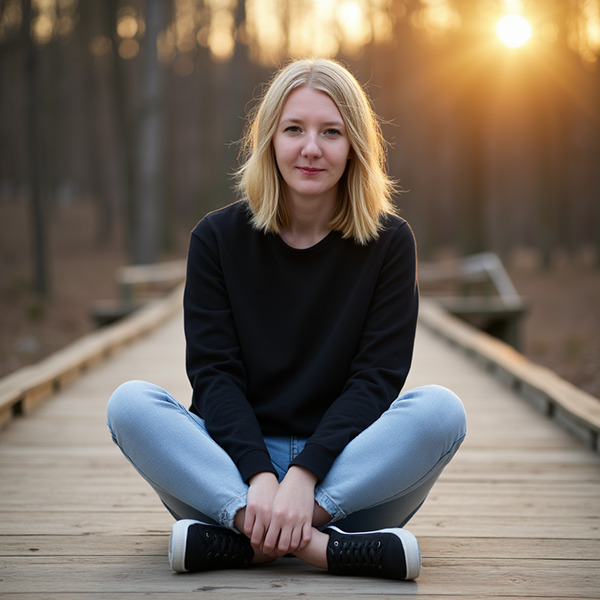 create_a_portrait_of_a_young_skinny_woman_25_years_old_with_short_blonde_hair_sitting_on_a_wooden_b_4sjf7jzueznqawln2pr0_1